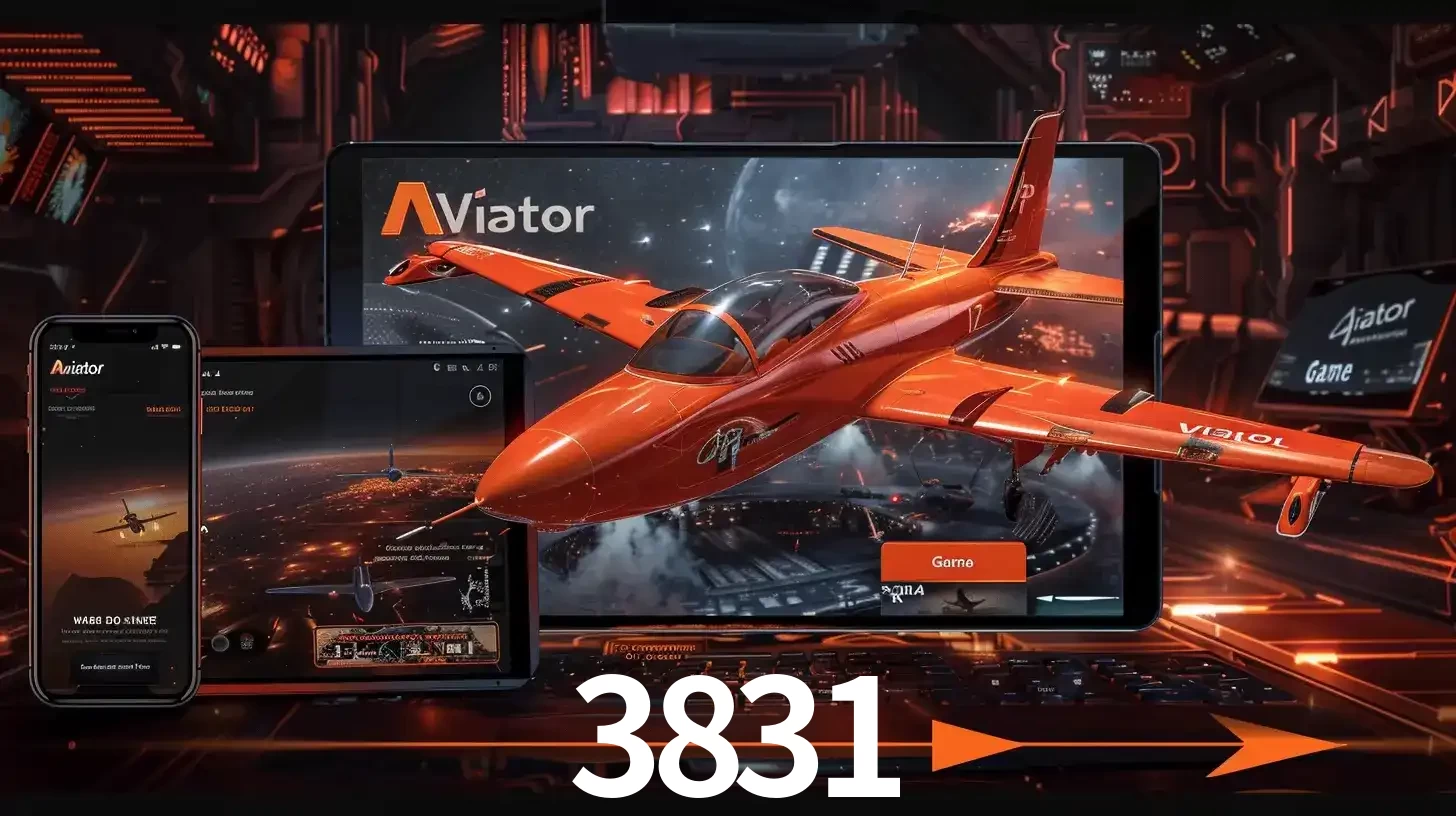 Apresentação tecnológica do jogo Aviator com um avião saindo da tela de um tablet, demonstrando a experiência imersiva em múltiplos dispositivos no 3831.