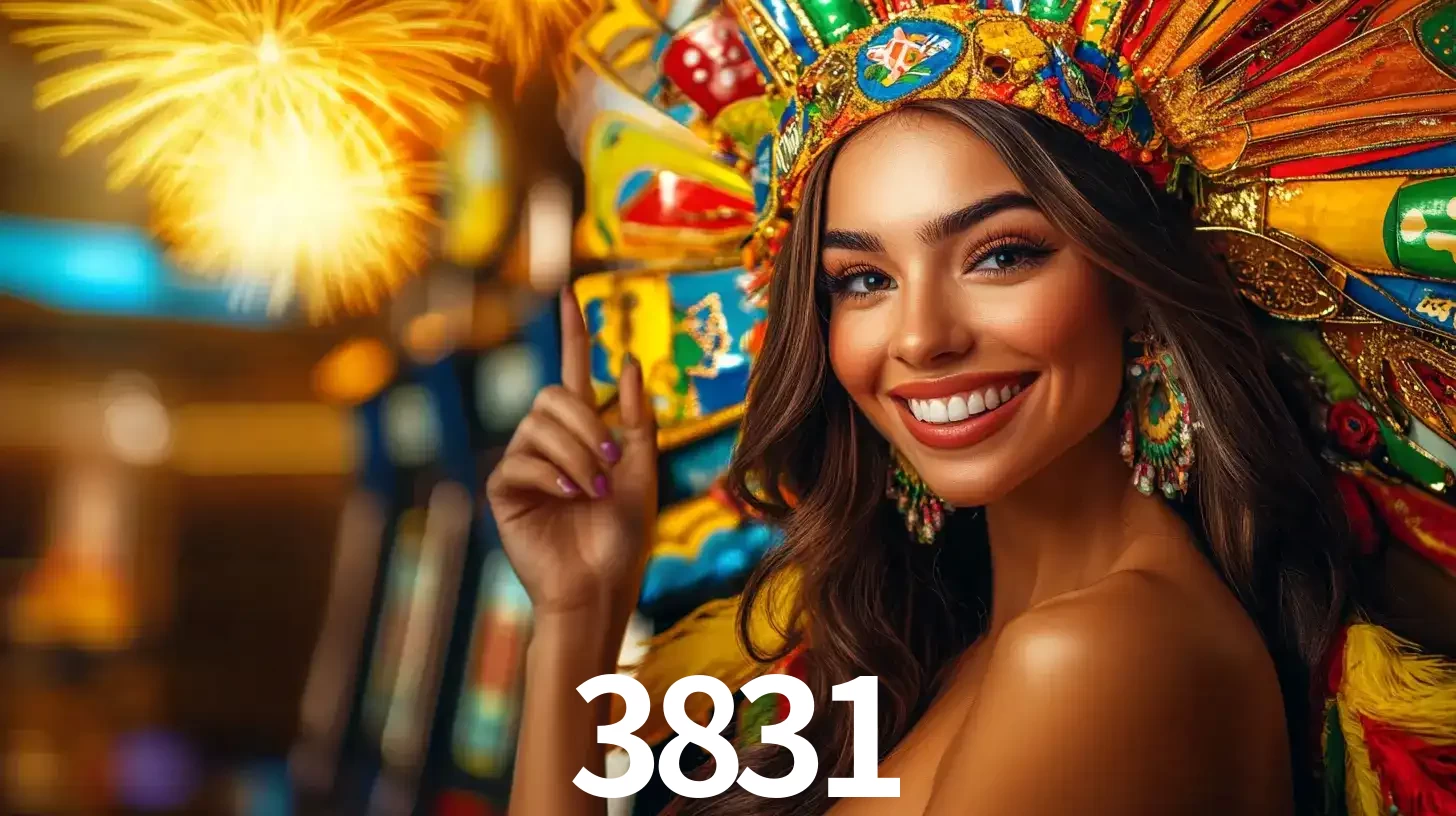 Mulher sorridente com um cocar de carnaval vibrante e colorido, celebrando uma grande vitória nos jogos do cassino 3831 com fogos de artifício ao fundo.