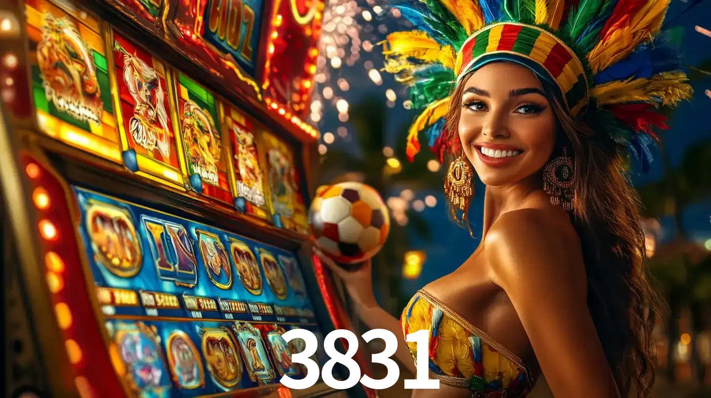 Mulher com um cocar de carnaval ao lado de uma máquina de caça-níqueis enquanto segura uma bola de futebol, mostrando a união da diversão de cassino e esportes no 3831.