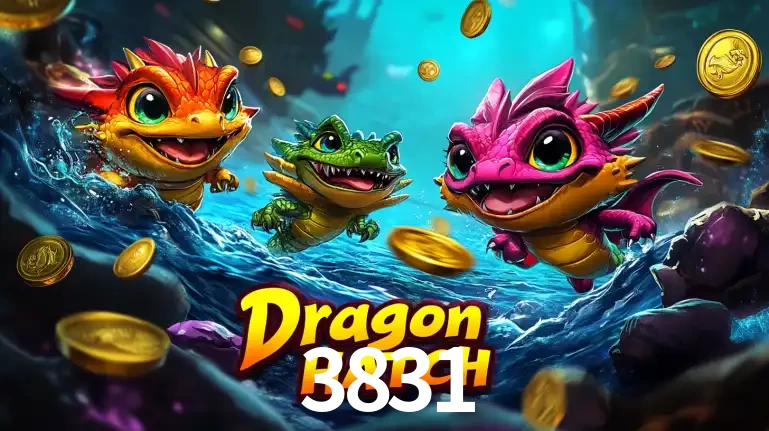 Arte promocional do jogo Dragon Hatch com três adoráveis dragões bebês nadando entre moedas de ouro, um dos slots mais divertidos para jogar no cassino 3831.