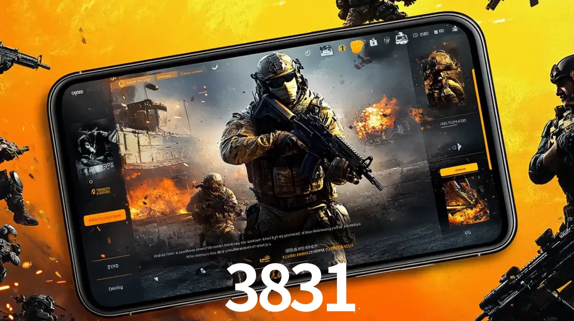 Um smartphone exibindo a interface de um jogo de tiro em primeira pessoa, com um soldado em um cenário de batalha, representando a ação dos e-sports para apostar no 3831.