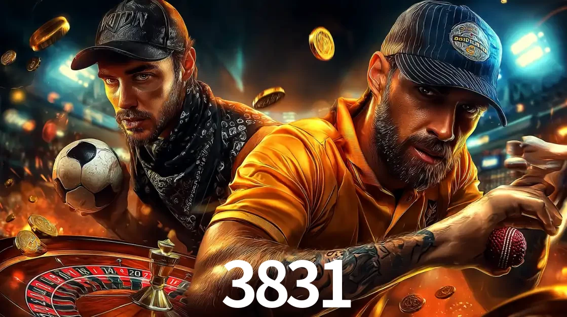 Montagem de apostas esportivas e cassino no 3831, com um homem segurando uma bola de futebol e outro uma de beisebol sobre uma roleta e moedas voadoras.