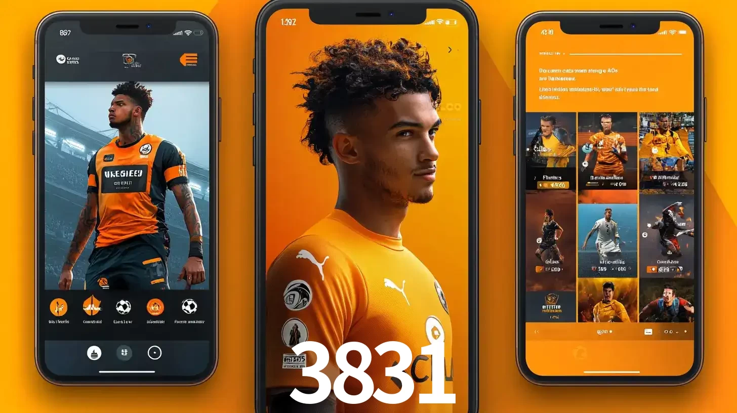 Interface do aplicativo de apostas esportivas 3831 em três telas de celular, mostrando o perfil de um jogador de futebol e a lista de jogos disponíveis para apostar.