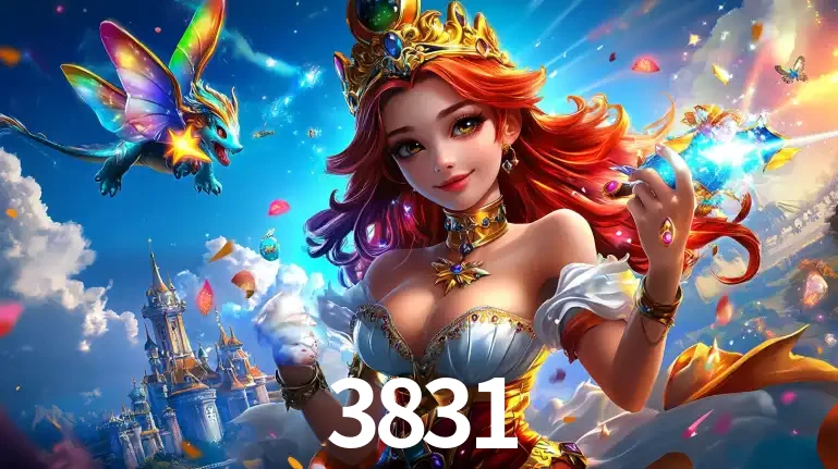 A princesa de um reino de fantasia mágico, com seu pequeno dragão, apresentando um mundo de prêmios encantados nos jogos de caça-níqueis do cassino 3831.