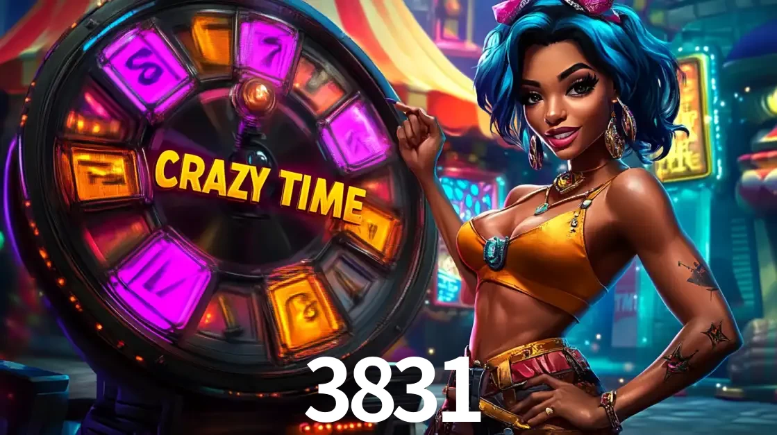 Mulher estilizada com cabelo azul e visual vibrante posando ao lado da roda de prêmios do game show Crazy Time, convidando para a diversão e os bônus do cassino 3831.