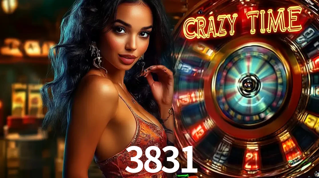 Mulher elegante ao lado da vibrante roda da fortuna do jogo de cassino ao vivo Crazy Time, um dos game shows mais populares e cheios de prêmios do 3831.