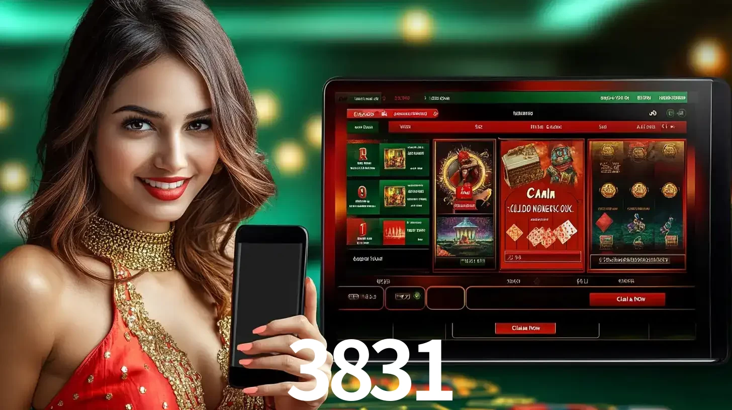 Mulher sorridente segurando um smartphone, ao lado de uma tela exibindo o lobby de jogos do cassino online 3831, com várias opções de jogos de cartas e slots.